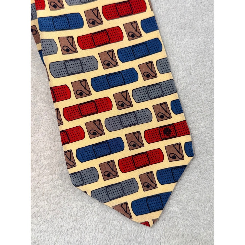 Vicky Davis Ouch! Medical Bandage Stethoscope Silk Tie Mens Cream Red Blue USA